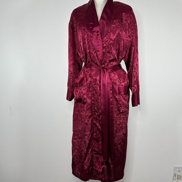 Vintage Victoria's Secret Gold Label Robe w/belt Womens P/S Maroon Floral Satin - Picture 1 of 15